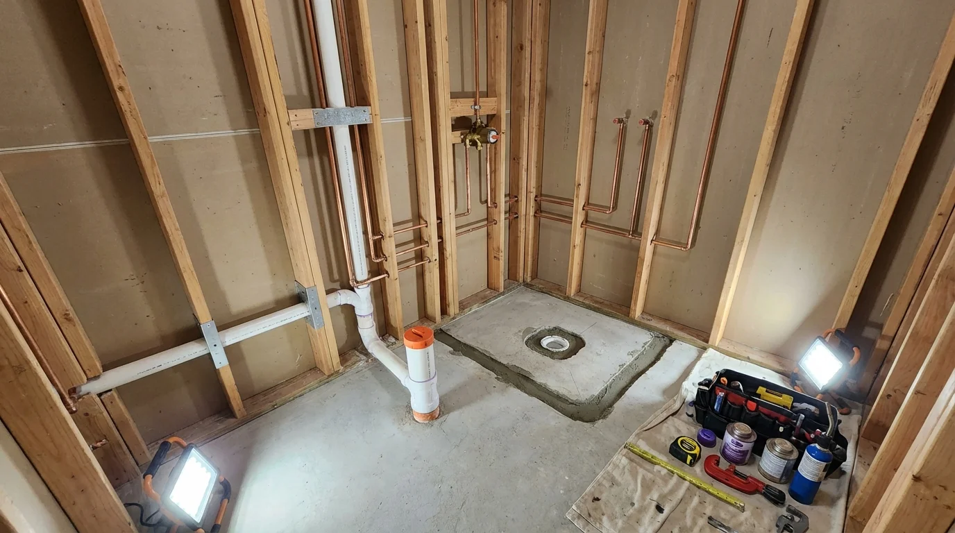 Bathroom rough-in plumbing during remodel by Johns Plumbing LLC in Woodside