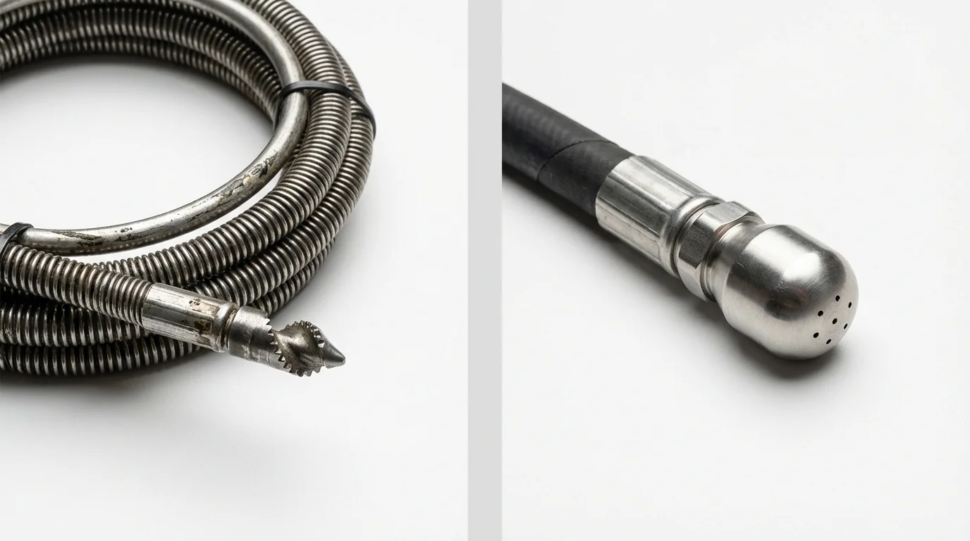 Drain snake cable and hydro jetting nozzle used for drain cleaning in Woodside, NY