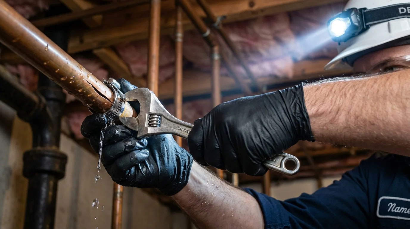 Emergency pipe clamp repair being performed by a Johns Plumbing LLC plumber in Woodside