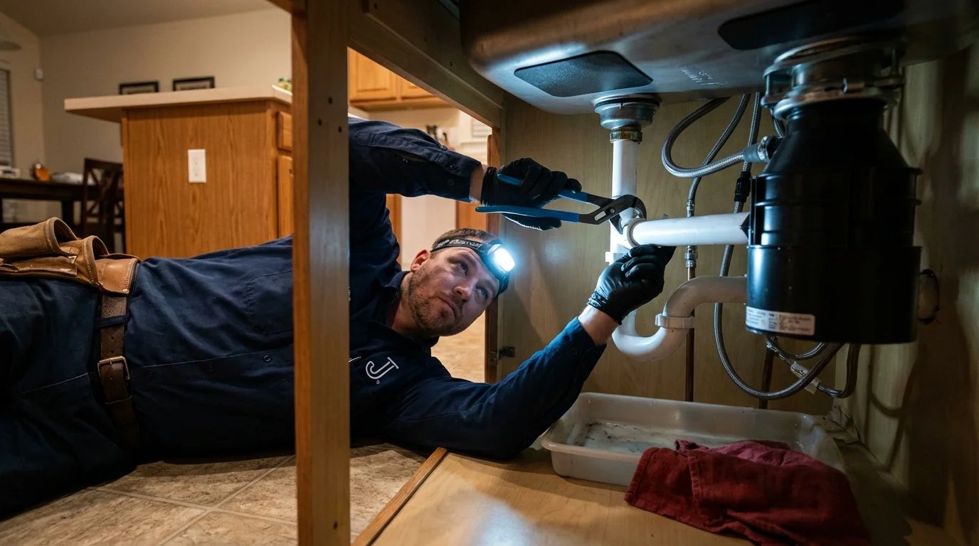 P-trap and supply line connections under a kitchen sink showing a common leak point in Woodside, NY
